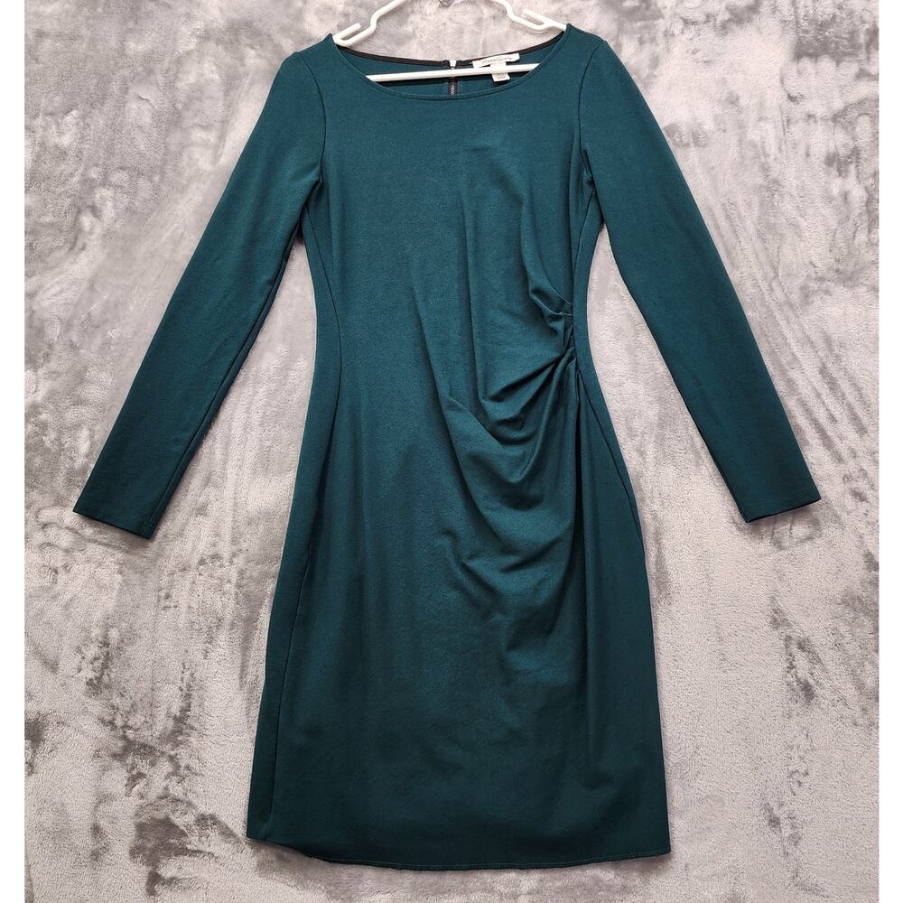 Kenneth Cole Dress Womens 8 Green Long Sleeve Ruched Side Back Exposed‎ Zipper